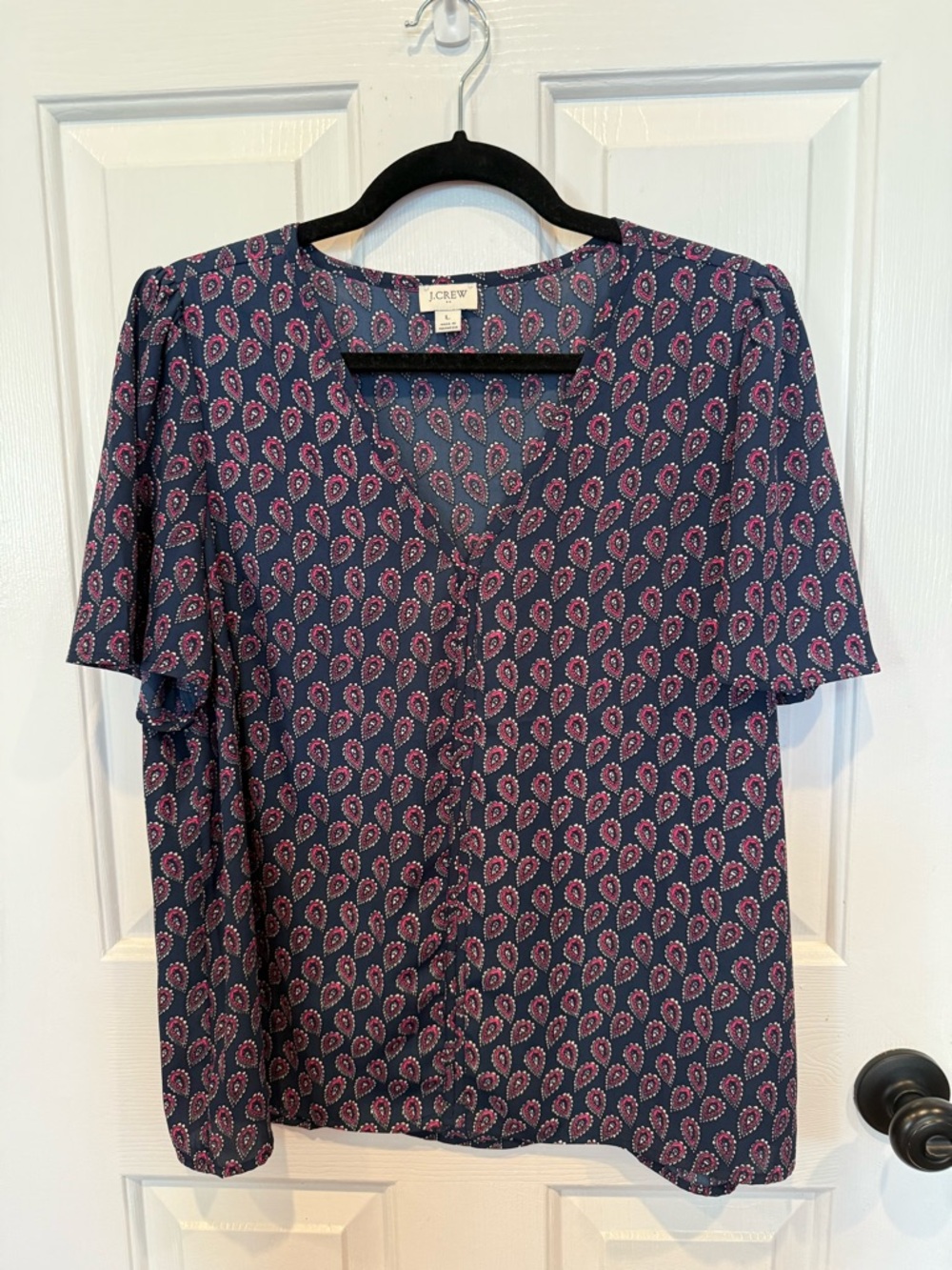 J. Crew Factory Navy Blouse with Pink Paisley Print